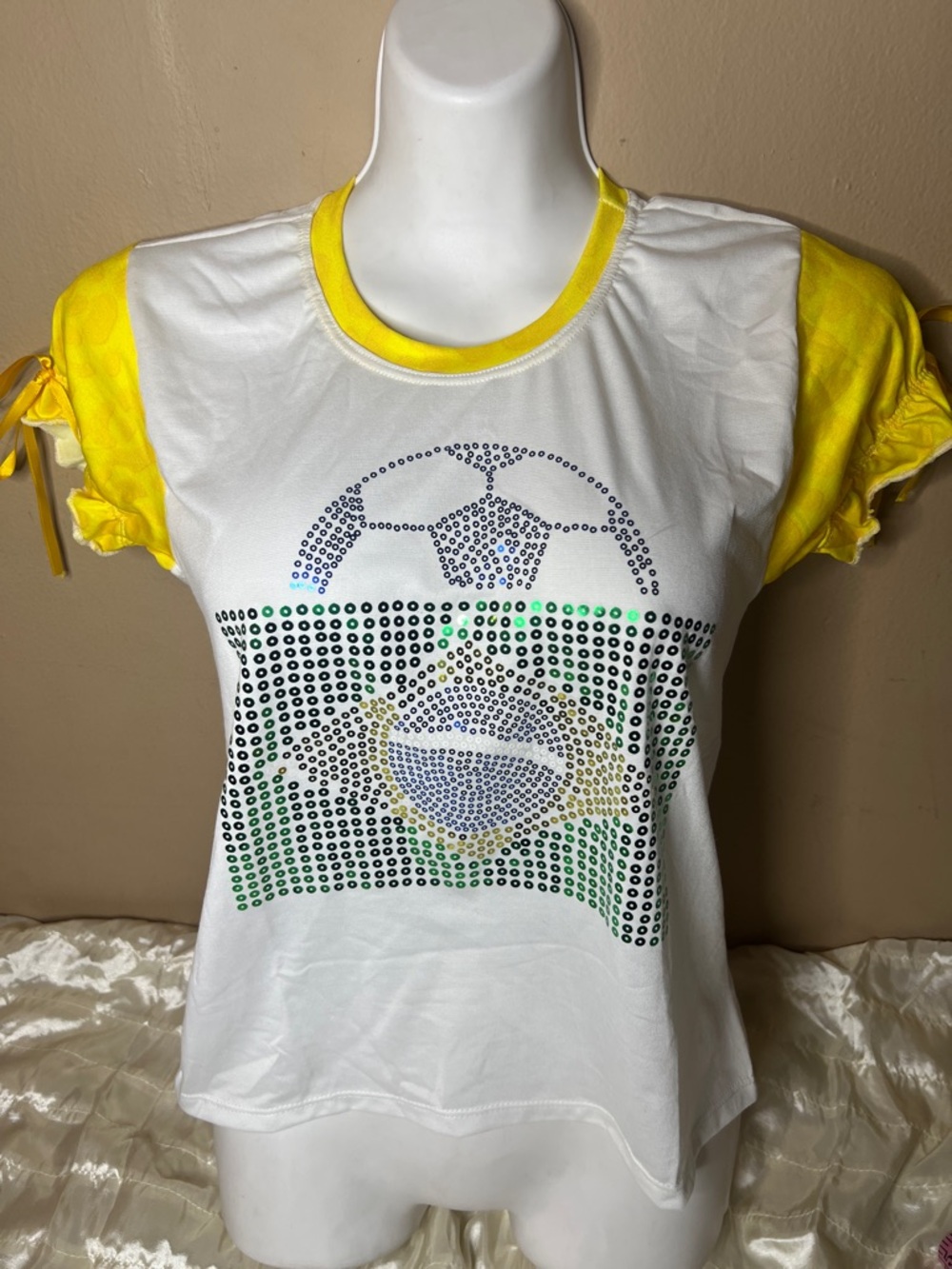 Yellow & White Sequin Soccer Graphic Tee -Brasil
